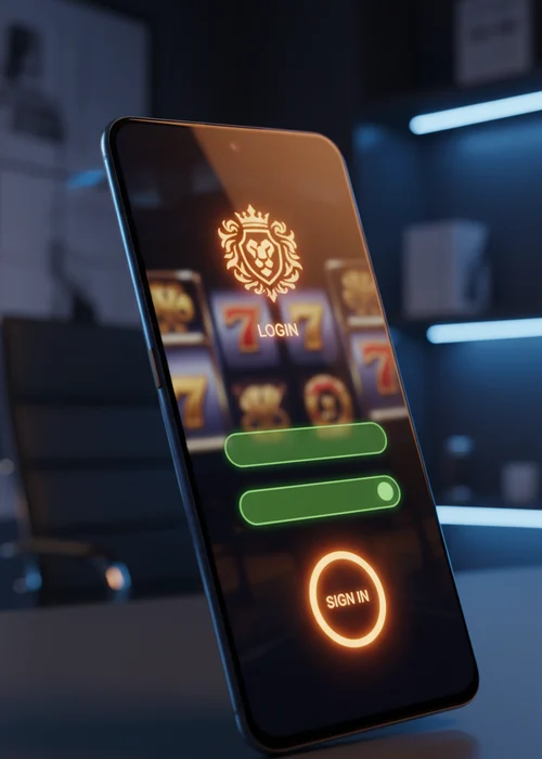 Fargo Casino login page showing secure entry fields with 128-bit SSL encryption symbol and a vibrant background of slot machines and tournament trophies for every player.